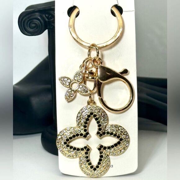 Crystal Clover Keychain Charm - Black & Gold Accent - Picture 1 of 7